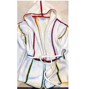 Cecily hooded cardigan w primary colored whipstitch